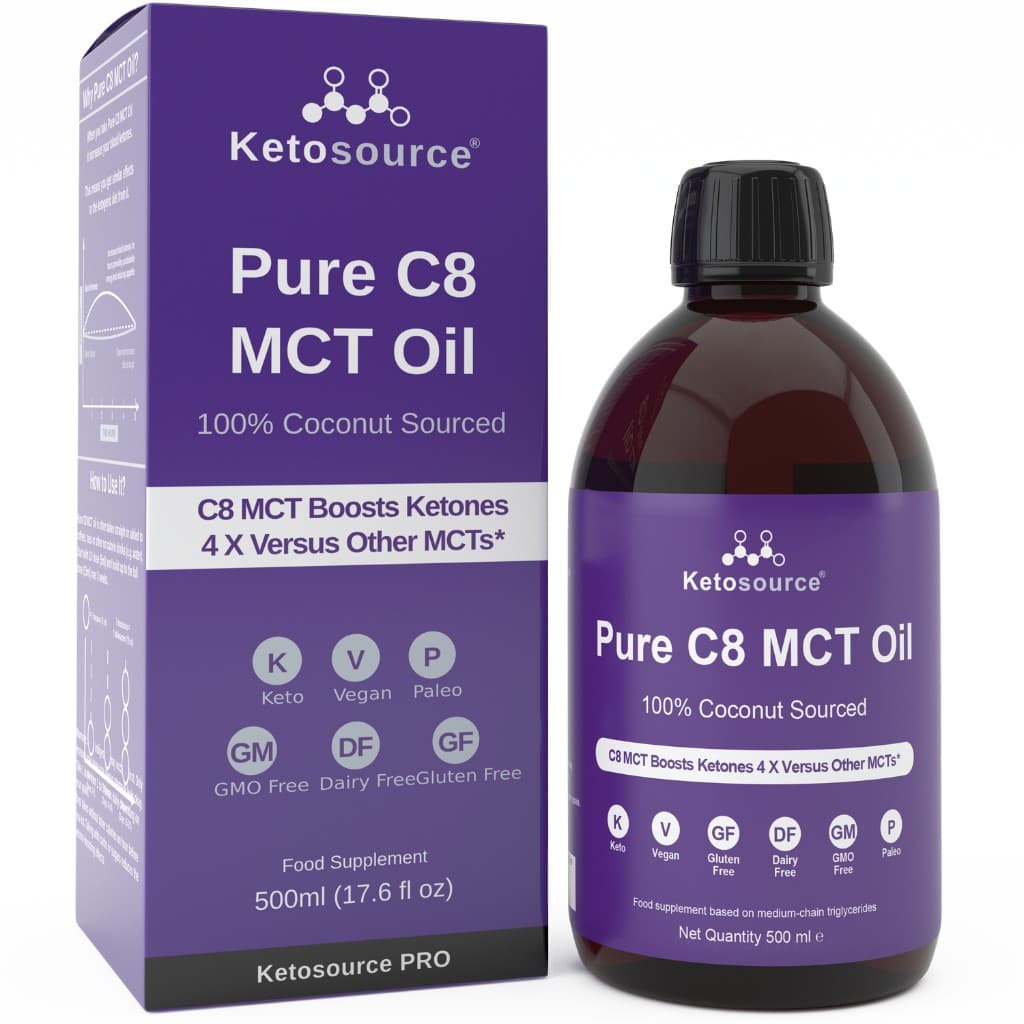 صندوق وزجاجة Ketosource Pure C8 MCT Oil سعة 500 مل، مستخلص من جوز الهند 100%